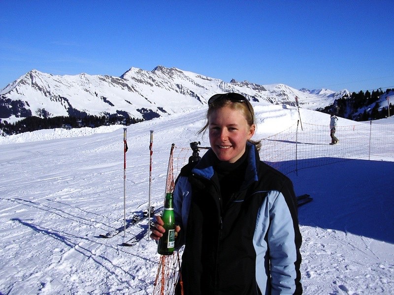 My first beer in the Swiss Alps – January 11, 2006.