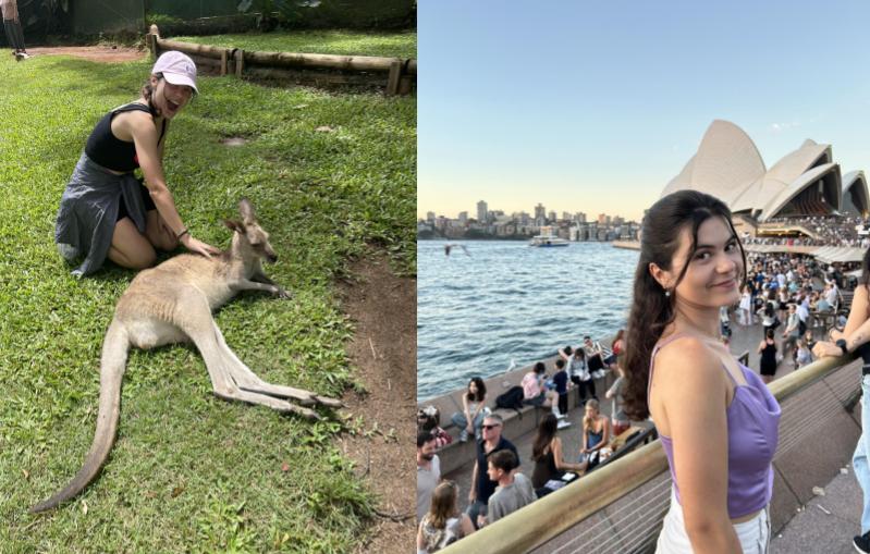 Charline meeting one of the locals (a kangaroo) and standing in front of the Sydney Opera House